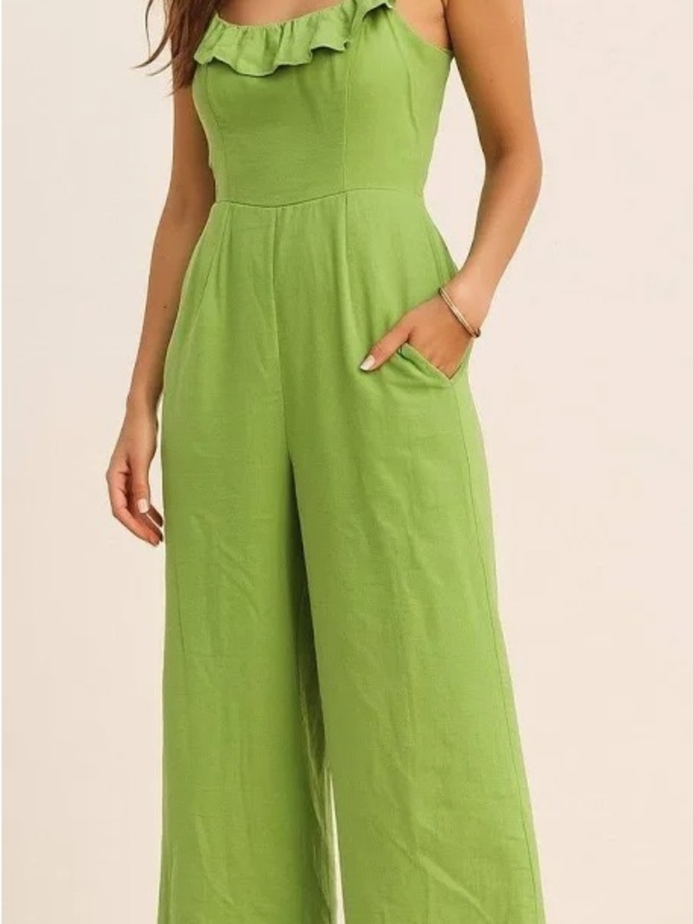 Japna Lime Ruffle-Neck Wide-Leg Jumpsuit
